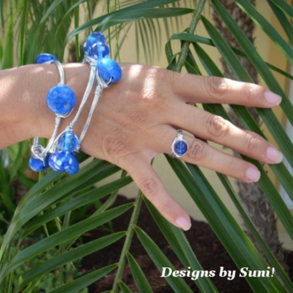 3 Beads & Bangle Bracelets, Wire Wrapped